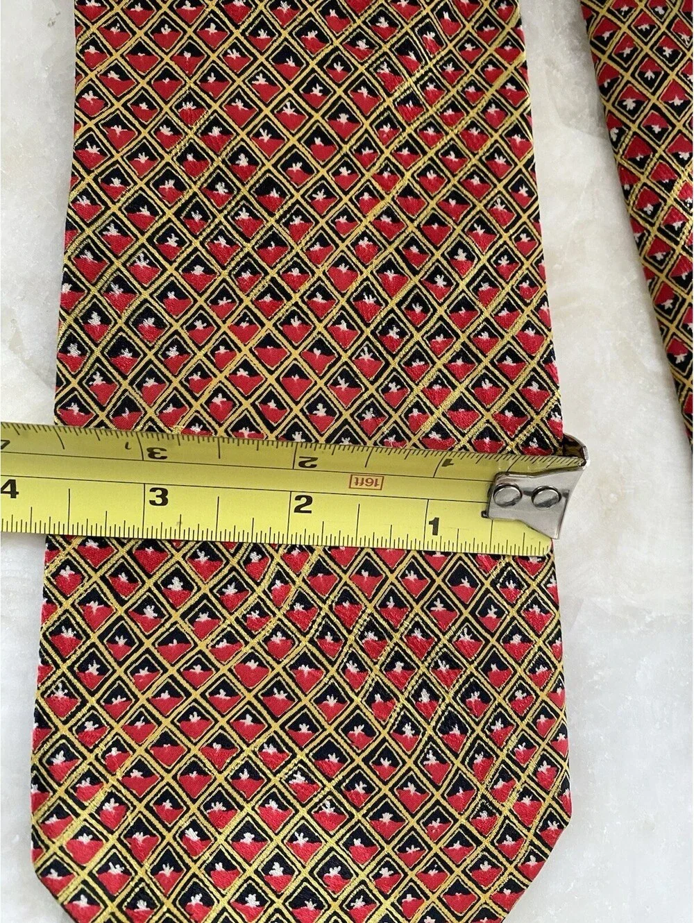 Brioni Roma Silk Tie Made in Italy Geometric Diamond Pattern Red Gold Black
